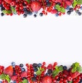 Black-blue and red fruits. Ripe red currants, strawberries, raspberries, blackberries, blueberries and blackcurrants on white back Royalty Free Stock Photo