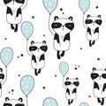 Black, blue and white seamless pattern with cute pandas with air balloons