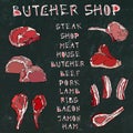 Black Board Background. Meat Set with Lettering. Steak House or Butcher Shop or Restaurant Menu. Lamb, Pork, Ribs, Bacon. Hand Dra