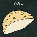 Black Board Background. Pita Pocket Bread. Arabic Israel Healthy Fast Food Bakery. Jewish Street Food. Realistic Hand Drawn Illust