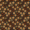 Black Board. Hazelnut and Walnut Seamless Endless Pattern. Whole and Peeled Hazelnut. Autumn or Fall Harvest Collection. Realistic