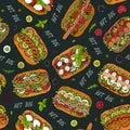 Black Board. Hot Dog and Lettering Seamless Endless Pattern. Many. Restaurant or Cafe Menu Background. Street Fast Food Collection Royalty Free Stock Photo