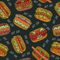 Black Board. Hot Dog and Lettering Seamless Endless Pattern. Many. Restaurant or Cafe Menu Background. Street Fast Food Collection Royalty Free Stock Photo