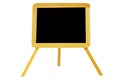 Black board isolated. Close-up of empty black board or chalkboard in wooden frame on easel isolated on a white background. Top Royalty Free Stock Photo