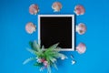 Black board for notes on blue vackground with shells Royalty Free Stock Photo