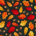 Black Board. Seamless Endless Pattern of Oak Leaves and Acorns. Red, Orange and Yellow. Autumn or Fall Harvest Collection. Realist Royalty Free Stock Photo