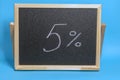 Black Board in a wooden frame on a blue background with the inscription 5 percent. Mockup for shopping, sales