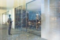 Black meeting room lobby glass pattern, man