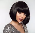 Black bob hairstyle. Beauty Makeup, Silver Manicured polish nail Royalty Free Stock Photo