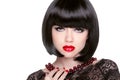 Black bob hairstyle. Red lips. Brunette Girl with short Healthy Royalty Free Stock Photo