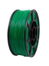 The black bobbin with green plastic for 3D printing insulated on white background.