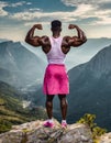 Black bodybuilder show his biceps and back standing backward dressed in pink skirt diversity concept