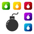 Black Bomb ready to explode icon isolated on white background. Set icons in color square buttons. Vector Illustration Royalty Free Stock Photo