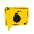 Black Bomb ready to explode icon isolated on white background. Yellow speech bubble symbol. Vector Illustration Royalty Free Stock Photo