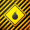 Black Bomb ready to explode icon isolated on yellow background. Warning sign. Vector