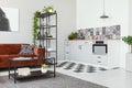 Bookshelf, sofa and coffee table in open space studio apartment with kitchen Royalty Free Stock Photo