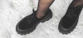 Black boots on woman legs, urban fashion concept, banner background photo