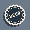 Black Bottle cap with beer word icon isolated on grey background. Long shadow style. Vector Royalty Free Stock Photo