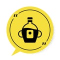 Black Bottle of maple syrup icon isolated on white background. Yellow speech bubble symbol. Vector Royalty Free Stock Photo