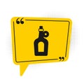 Black Bottle of maple syrup icon isolated on white background. Yellow speech bubble symbol. Vector Royalty Free Stock Photo