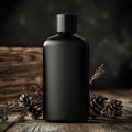 Black Bottle Product Mockup 3D Render on Rustic Wooden Table with Pine Cones Royalty Free Stock Photo
