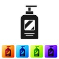 Black Bottle of shampoo icon isolated on white background. Set icons in color square buttons. Vector Illustration Royalty Free Stock Photo