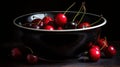 a black bowl filled with cherries on top of a wooden table Royalty Free Stock Photo