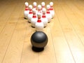 Bowling bowl and pins on wooden surface - 3D rendering