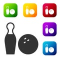 Black Bowling pin and ball icon isolated on white background. Sport equipment. Set icons in color square buttons. Vector Royalty Free Stock Photo