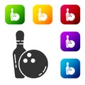 Black Bowling pin and ball icon isolated on white background. Sport equipment. Set icons in color square buttons. Vector Royalty Free Stock Photo
