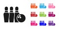 Black Bowling pin and ball icon isolated on white background. Sport equipment. Set icons colorful. Vector Royalty Free Stock Photo