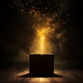 Black box magical yellow sparks flying out dark background