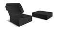 Black box packaging. Side view open and closed gift blank boxes. Empty cardboard black product package 3d vector