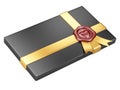 Black box with sealing wax and gold ribbon Royalty Free Stock Photo