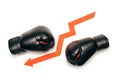 Black boxing gloves separated with downward arrow sign