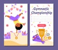 Black boy with afro doing cartwheel on podium after winning the first place, gold medal at Kids Gymnastic Championship
