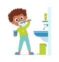 A black boy brushes his teeth. Child and oral hygiene. Vector flat cartoon illustration Royalty Free Stock Photo