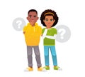 Black boy and girl surrounded by question bubbles. Smart, thinking African guy and girl solving problems.