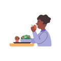 Black boy sits at table eats an apple, salad and cake on tray, vector cartoon illustration isolated on white background