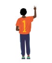 Black boy in T-shirt with number. View from behind of African guy. Cartoon standing man in sport clothes. Casual outfit