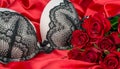 Black bra on red background with red roses Royalty Free Stock Photo