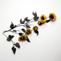 Black Branch With Sunflowers: Minimalist Paper Sculpture In Dark Tonality