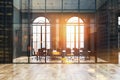 Black brick and glass office, meeting room toned