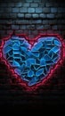 Black brickwall backdrop frames red neon heart and blue accents, a heartfelt Valentine\'s.