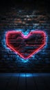 Black brickwall backdrop frames red neon heart and blue accents, a heartfelt Valentine\'s.