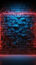 Black brickwall backdrop frames red neon heart and blue accents, a heartfelt Valentine\'s.