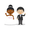 Black bride and oriental bridegroom Interracial newlywed couple in cartoon style Vector illustration