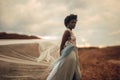 Black bride in waving long wedding dress and bridal veil stands on background of beautiful landscape. Royalty Free Stock Photo