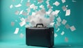 Black briefcase bursts open, scattering papers, documents into air. Chaotic scene with papers flying everywhere, work overload, Royalty Free Stock Photo