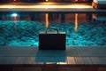 Black briefcase standing by the pool at night representing business success Royalty Free Stock Photo